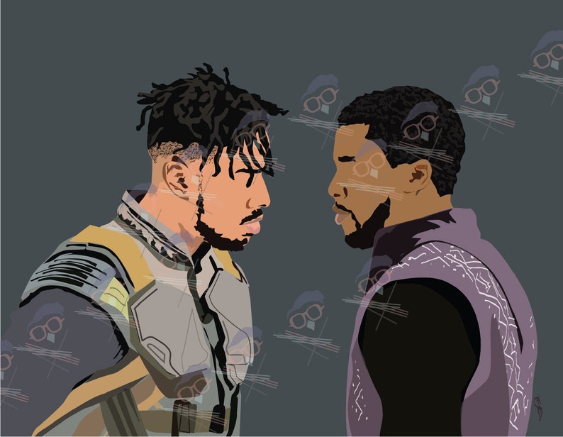 May include: Two men, one with dreadlocks and one with short hair, stand facing each other. They are both wearing dark clothing with intricate designs. The man with dreadlocks is wearing a yellow and gray vest, while the man with short hair is wearing a purple vest.