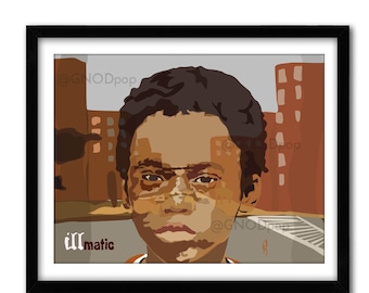 May include: A digital illustration of a young boy with dark brown hair and brown eyes. He is wearing a brown shirt and is looking directly at the viewer. The background is a cityscape with brown and orange buildings. The text "illmatic" is written in red at the bottom of the image.