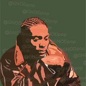 May include: Digital art print of a person in a brown jacket, with a green background. The person's skin is a light orange color. The artist's name, @GNODpop, is repeated across the background.