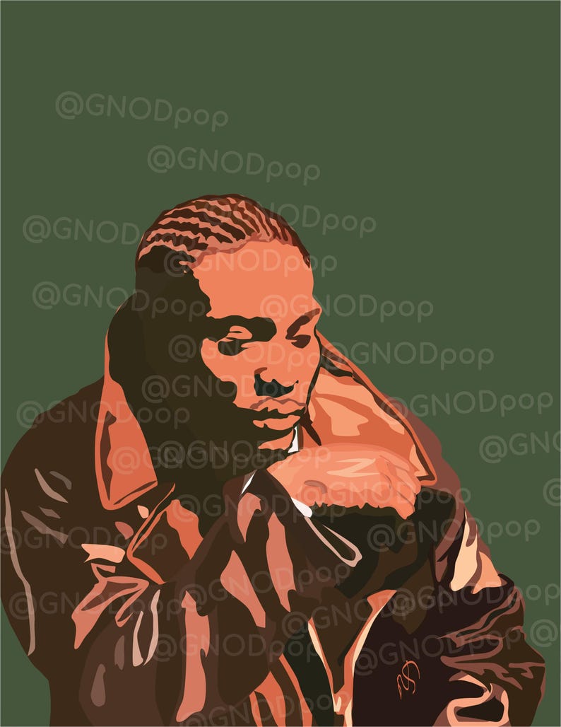 May include: Digital art print of a person in a brown jacket, with a green background. The person's skin is a light orange color. The artist's name, @GNODpop, is repeated across the background.