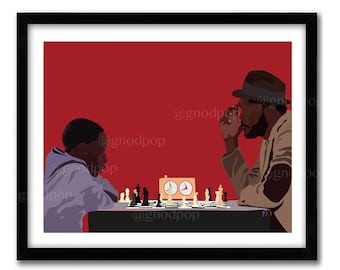 May include: A digital illustration of two people playing chess against a red background. The person on the left is a young boy wearing a grey hoodie. The person on the right is an adult male wearing a brown jacket and a hat. The chessboard is in the centre of the image with a chess clock in the middle.