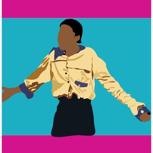 Puede incluir: Una persona con una camisa amarilla con cuello azul y una falda negra. La persona est&aacute; de pie sobre un fondo azul y rosa.