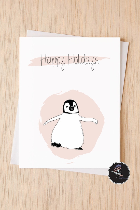 Happy Holidays Merry Christmas Cute Penguin Christmas Card, Modern Christmas Card, Simple Holiday Card, Illustration Holiday Card- 2A