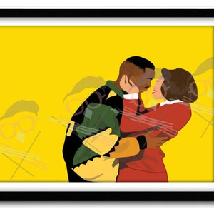 May include: A framed art print featuring a couple embracing, set against a vibrant yellow backdrop. The artwork depicts the figures in a stylized, minimalist design with bold colors: red, black, green, and yellow. The print is enclosed in a black frame.