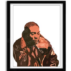 May include: A framed art print featuring a stylized illustration of a person in a brown leather jacket. The artwork has a minimalist style with a limited color palette of browns and oranges, set against a white background.