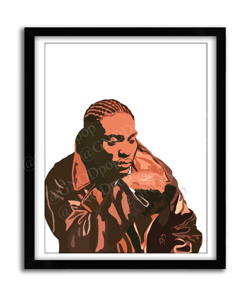 May include: A framed art print featuring a stylized illustration of a person in a brown leather jacket. The artwork has a minimalist style with a limited color palette of browns and oranges, set against a white background.