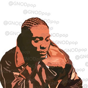 May include: Illustration of a person in a brown leather jacket, with a detailed hairstyle. The artwork has a warm color palette with shades of brown and orange. The artist's signature is visible. The background includes the text "@GNODpop".