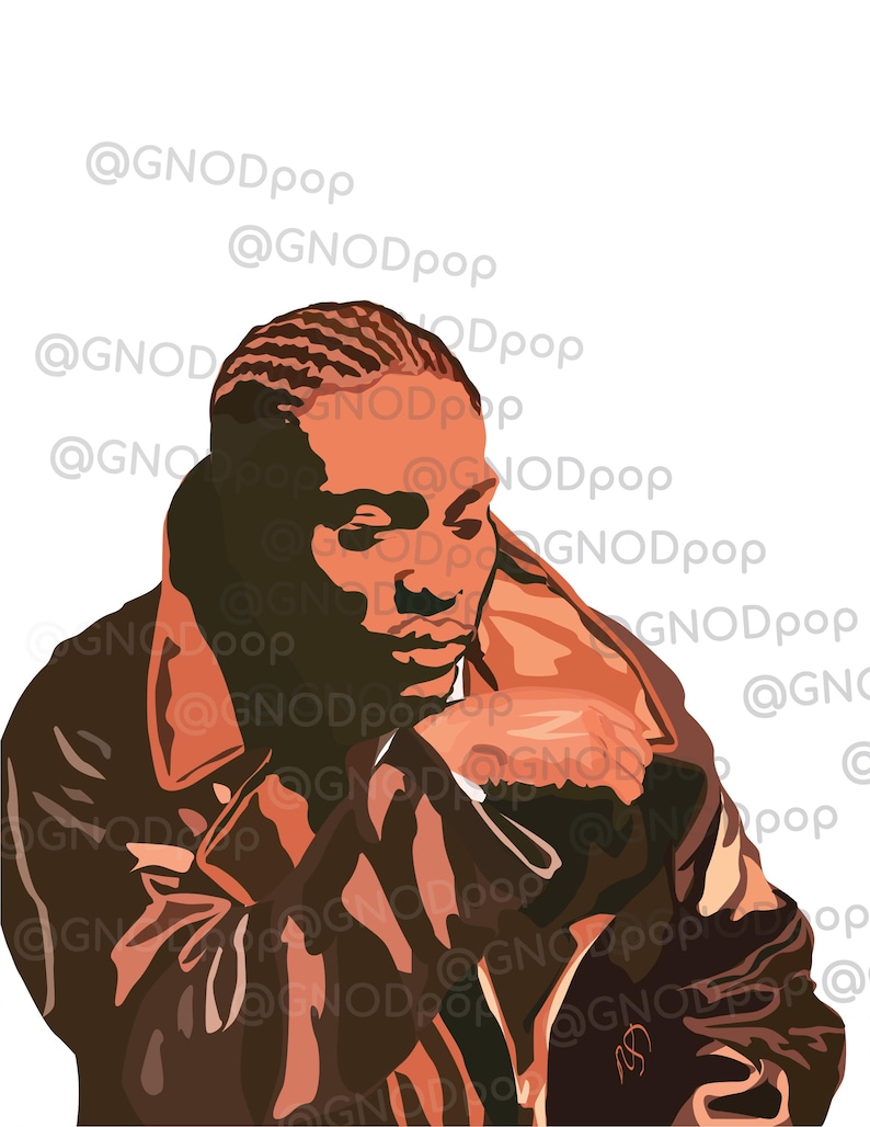 May include: Illustration of a person in a brown leather jacket, with a detailed hairstyle. The artwork has a warm color palette with shades of brown and orange. The artist's signature is visible. The background includes the text "@GNODpop".