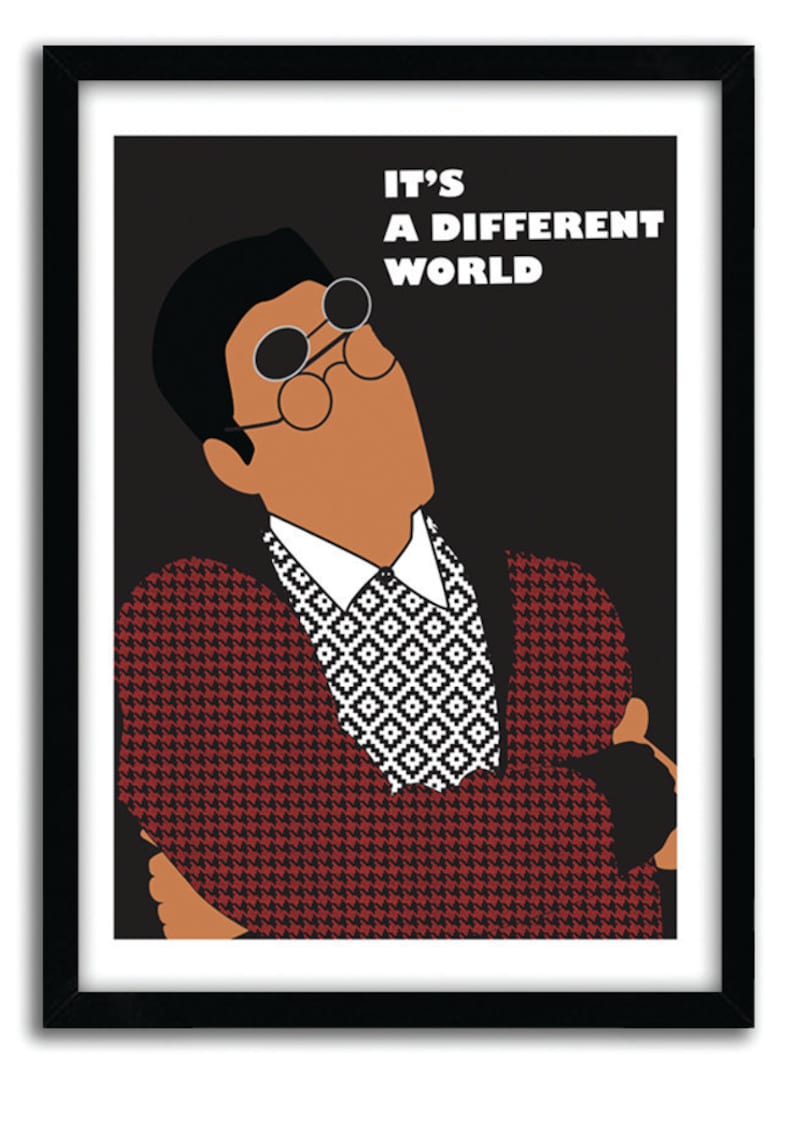 May include: A black and white illustration of a man wearing a red and black patterned jacket, a white shirt with a black and white geometric pattern, and sunglasses. The text "IT'S A DIFFERENT WORLD" is written in white letters on a black background.