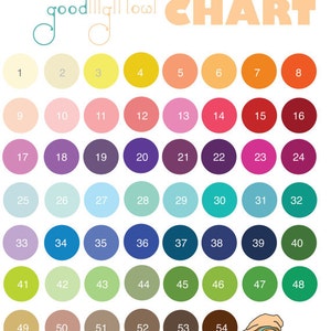 Puede incluir: Una carta de colores con 60 colores diferentes, numerados del 1 al 60. Los colores est&aacute;n dispuestos en filas de ocho, con la &uacute;ltima fila que solo tiene seis colores. La carta est&aacute; titulada "COLOR CHART" en color naranja claro. Las palabras "goodnight owl" est&aacute;n escritas en color turquesa sobre la carta.