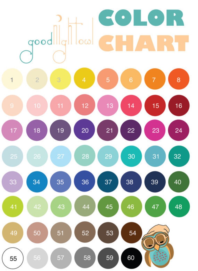 Puede incluir: Una carta de colores con 60 colores diferentes, numerados del 1 al 60. Los colores est&aacute;n dispuestos en filas de ocho, con la &uacute;ltima fila que solo tiene seis colores. La carta est&aacute; titulada "COLOR CHART" en color naranja claro. Las palabras "goodnight owl" est&aacute;n escritas en color turquesa sobre la carta.
