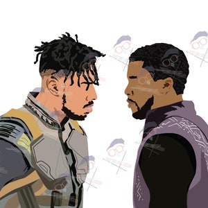 May include: Two men stand facing each other. The man on the left is wearing a black and yellow suit with a black beard. The man on the right is wearing a purple and black suit with a black beard.