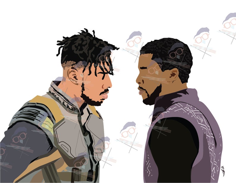 May include: Two men stand facing each other. The man on the left is wearing a black and yellow suit with a black beard. The man on the right is wearing a purple and black suit with a black beard.