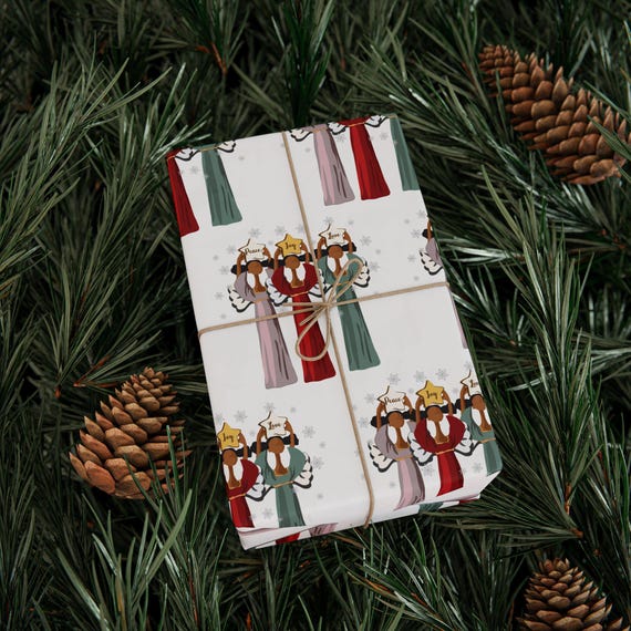 Black Angels Unique Modern Gift Wrapping paper, African American Christmas Holiday Gift for Sister, Peace, Love and Joy, Black Art