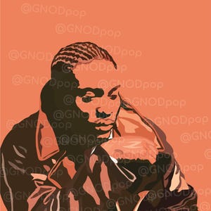 May include: Digital art print featuring a person in a brown jacket with a fur collar, set against an orange background. The artwork has a minimalist style with bold color blocking and the artist's signature. The artist's name, @GNODpop, is repeated across the background.
