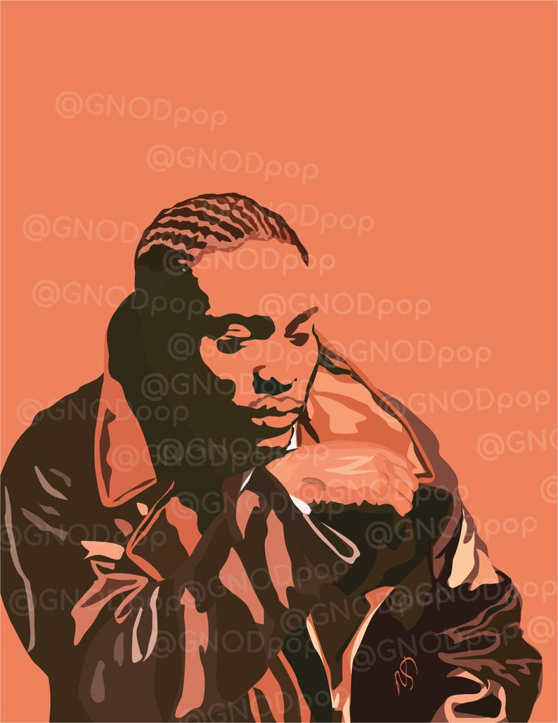 May include: Digital art print featuring a person in a brown jacket with a fur collar, set against an orange background. The artwork has a minimalist style with bold color blocking and the artist's signature. The artist's name, @GNODpop, is repeated across the background.