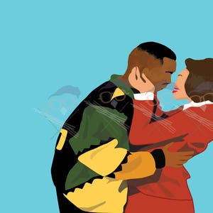 May include: Illustration of a couple embracing, set against a light blue backdrop. The man wears a black, green, and yellow jacket. The woman is in a red suit. The artwork has a flat, graphic style.