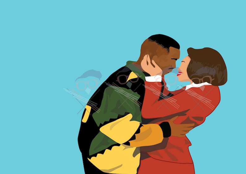 May include: Illustration of a couple embracing, set against a light blue backdrop. The man wears a black, green, and yellow jacket. The woman is in a red suit. The artwork has a flat, graphic style.