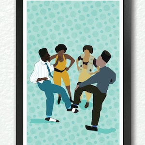 Pode incluir: Quatro pessoas, duas mulheres e dois homens, est&atilde;o em p&eacute; em c&iacute;rculo sobre um fundo azul claro com bolinhas brancas. As pessoas est&atilde;o vestindo roupas casuais. A mulher &agrave; esquerda est&aacute; vestindo um top amarelo sem mangas e cal&ccedil;as pretas. A mulher &agrave; direita est&aacute; vestindo um colete marrom sobre uma camisa branca e cal&ccedil;as bege. O homem &agrave; esquerda est&aacute; vestindo uma camisa listrada azul e branca, cal&ccedil;as azuis e uma gravata azul. O homem &agrave; direita est&aacute; vestindo uma camisa azul e cal&ccedil;as pretas.