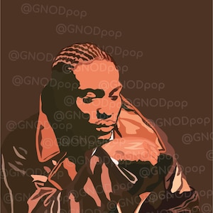 May include: A digital art print featuring a person in a brown and orange color palette. The person is wearing a jacket and has a detailed hairstyle. The artist's signature is visible. The background has the text "@GNODpop" repeated.