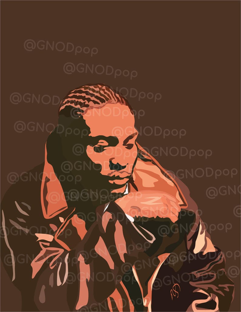 May include: A digital art print featuring a person in a brown and orange color palette. The person is wearing a jacket and has a detailed hairstyle. The artist's signature is visible. The background has the text "@GNODpop" repeated.