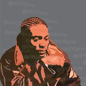 May include: Digital art print of a person in a brown leather jacket, with a gray background. The artwork has a minimalist style with a focus on color and form. The artist's signature is visible on the lower right. The text "@GNODpop" is repeated throughout the background.