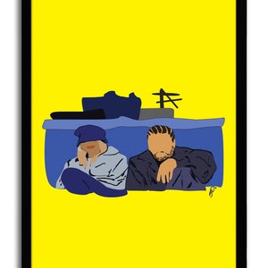 May include: A digital illustration of two people sitting on a blue sofa against a yellow background. The people are wearing blue and grey clothing. The illustration is in a cartoon style.