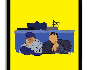 May include: A digital illustration of two people sitting on a blue couch against a yellow background. The people are wearing blue and grey clothing. The illustration is in a cartoon style.