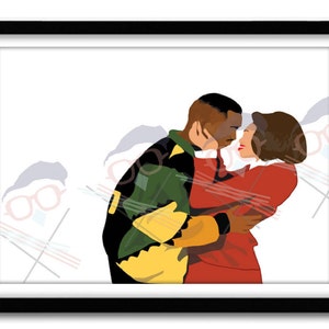 May include: Framed art print featuring a couple embracing. The man wears a green, black, and yellow jacket. The woman is in a red outfit. The artwork is a stylized illustration with a white background.