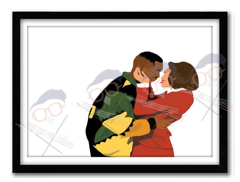 May include: Framed art print featuring a couple embracing. The man wears a green, black, and yellow jacket. The woman is in a red outfit. The artwork is a stylized illustration with a white background.