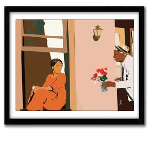 May include: A woman in an orange dress sits by a window, while a man in a white shirt and hat holds a bouquet of red flowers.