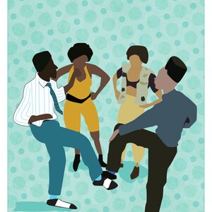 Pode incluir: Quatro pessoas, dois homens e duas mulheres, est&atilde;o em p&eacute; em c&iacute;rculo sobre um fundo azul claro com bolinhas brancas. Todos est&atilde;o vestidos com roupas casuais e sorrindo.