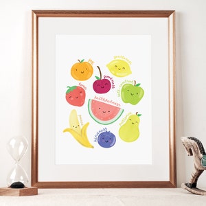 Fruit of the Spirit Wall Art, DIGITAL DOWNLOAD with cute/smiling fruit, printable at various sizes, Galatians 5:22-23