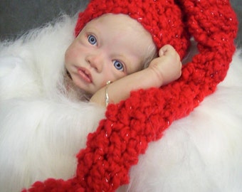 Red Elf Hat, Newborn Pixie Hat, Newborn Elf Hat, Stocking Hat, Pom Pom Hat, Newborn Photo Prop, Baby Girls, Baby Boys,Xmas Hat, Xmas Elf Hat