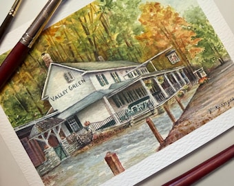 Valley Green Inn Philadelphia Watercolor Print | Wissahickon Autumn Landscape 5x7