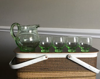 Vintage Pitcher Set - Green Glass Pitcher Set - Set of Glasses - Juice Set - Retro Pitcher Set