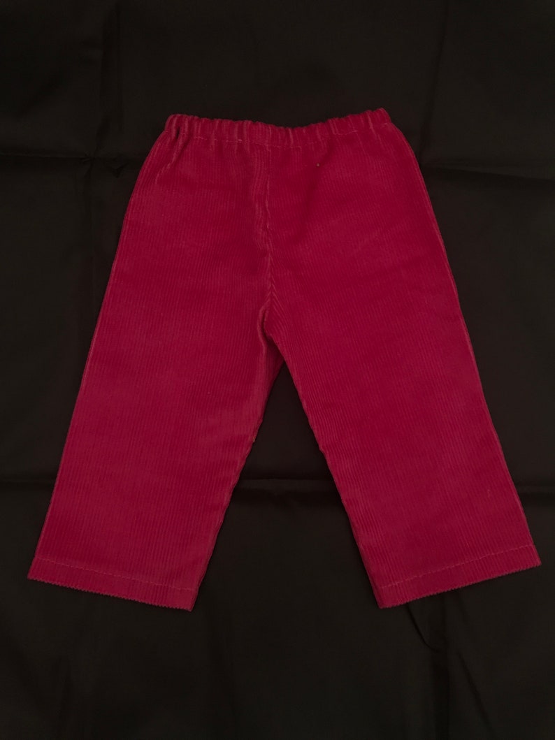 May include: A pair of burgundy corduroy trousers with an elastic waistband.