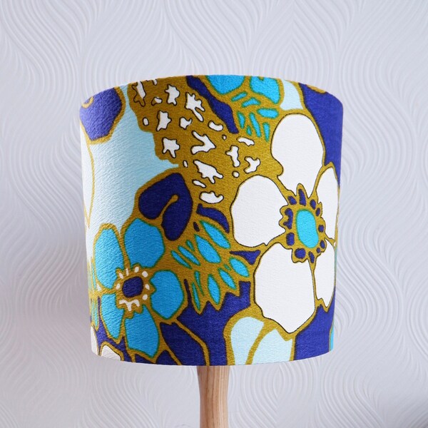 Floral vintage fabric lampshade, retro 60s 70s flower power, blue mustard turquoise white, small table lampshades uk.