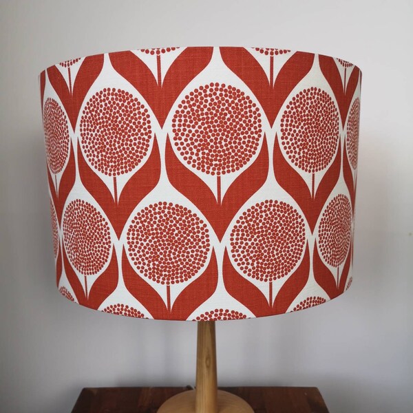 Lampshade Scandinavian fabric. Burnt orange & white graphic. Geometric retro floral funky floor lamp. 40cm Cylindrical drum.