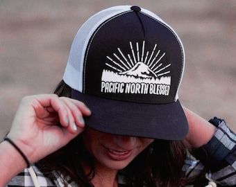 Pacific North Blessed - Five Panel Mesh Adjustable Trucker Hat (One Size Fits Most) - Too Blessed to be Stressed in the Northwest