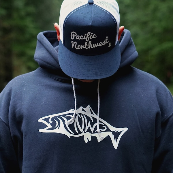 Spirit of the PNW - Salmon - Hooded Sweatshirt - Available in 2 Colors - Capture the wild nature of the Pacific Northwest