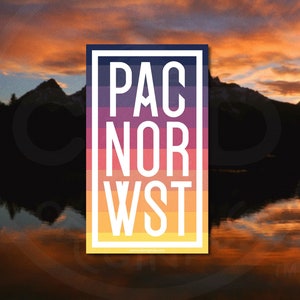May include: A colorful sticker with the text "PAC NOR WST" in white letters against a gradient background of purple, pink, orange, and yellow. The sticker is set against a backdrop of a mountain range and a lake reflecting the sunset sky.