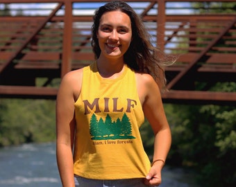 Man, I Love Forests (MILF) Racerback Crop Tank - Serve Those Tree Lover Vibes - Available in 2 Colors - Retro Vibes with Modern Styling