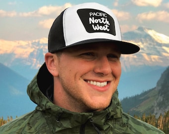 PNW Boundary Line Trucker Hat - 5 Panel Mesh Adjustable Cap Inspired by Forest Service Signs in the Pacific Northwest