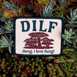 May include: A beige fabric patch with a green border. The patch features a dark green text that reads "DILF" and a brown illustration of mushrooms with the text "dang, i love fungi" below.