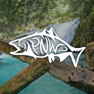 May include: White silhouette of a fish with the letters "PNW" stylized within the fish's body. The fish is facing left and has a fin on its back and a tail fin. The image is set against a blurred background of a forest and a waterfall.