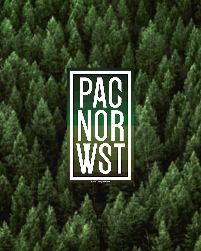 May include: A graphic design with the words "PAC NOR WST" in white text on a green, brown, and black background. The background is a blurred image of a forest.
