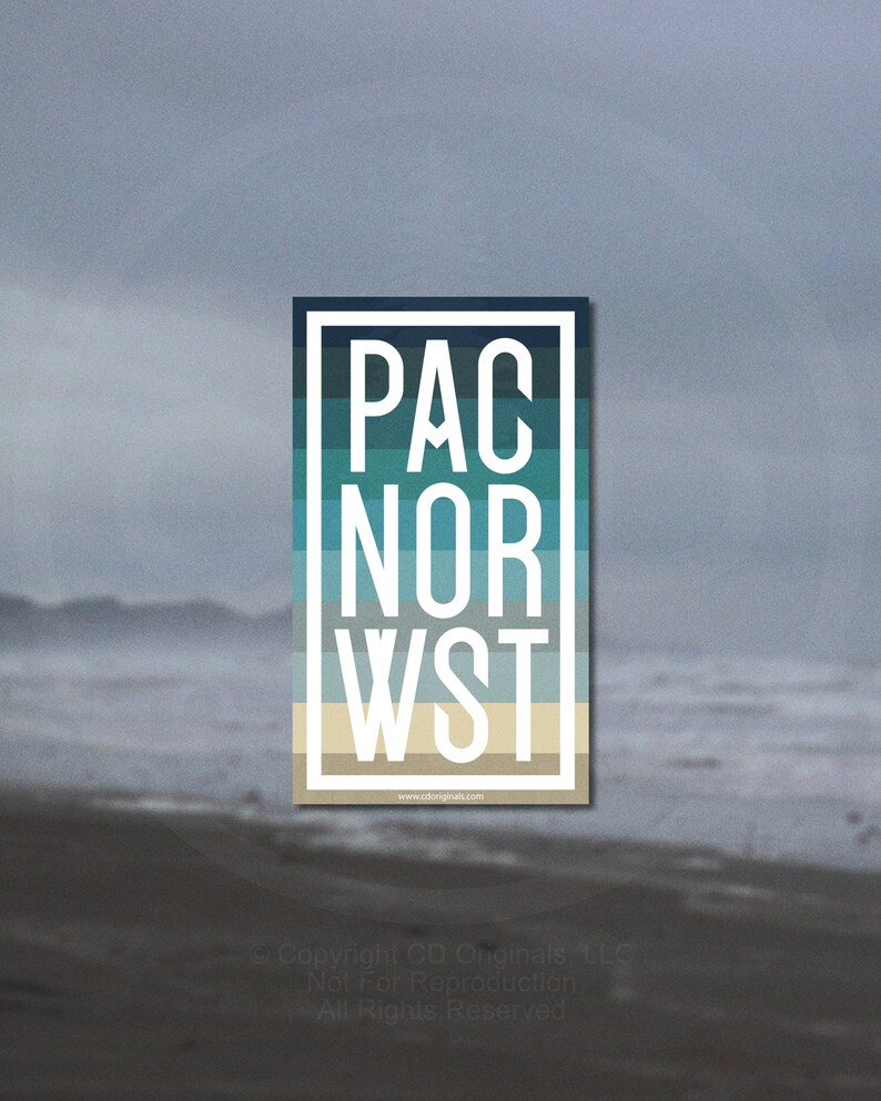 May include: A sticker with a blue, green, and beige color scheme. The sticker has the text "PAC NOR WST" in white letters. The text is arranged vertically with each word on a separate color stripe. The sticker has a website address at the bottom: "www.cdoriginals.com".