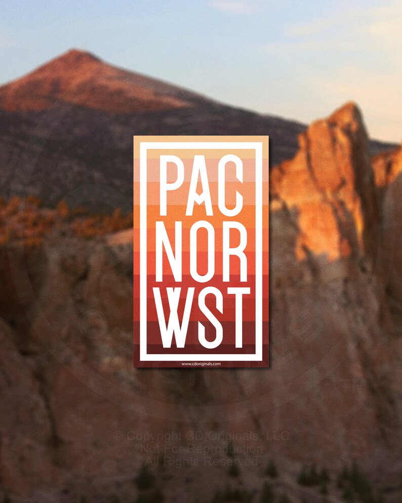 May include: A sticker with a gradient background of orange, red, and brown. The sticker has white text that reads "PAC NOR WST" and a website address at the bottom.