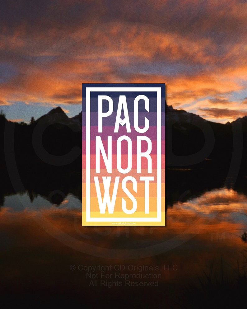May include: A colorful sticker with the text "PAC NOR WST" in white letters against a gradient background of purple, pink, orange, and yellow. The sticker is set against a backdrop of a mountain range and a lake reflecting the sunset sky.